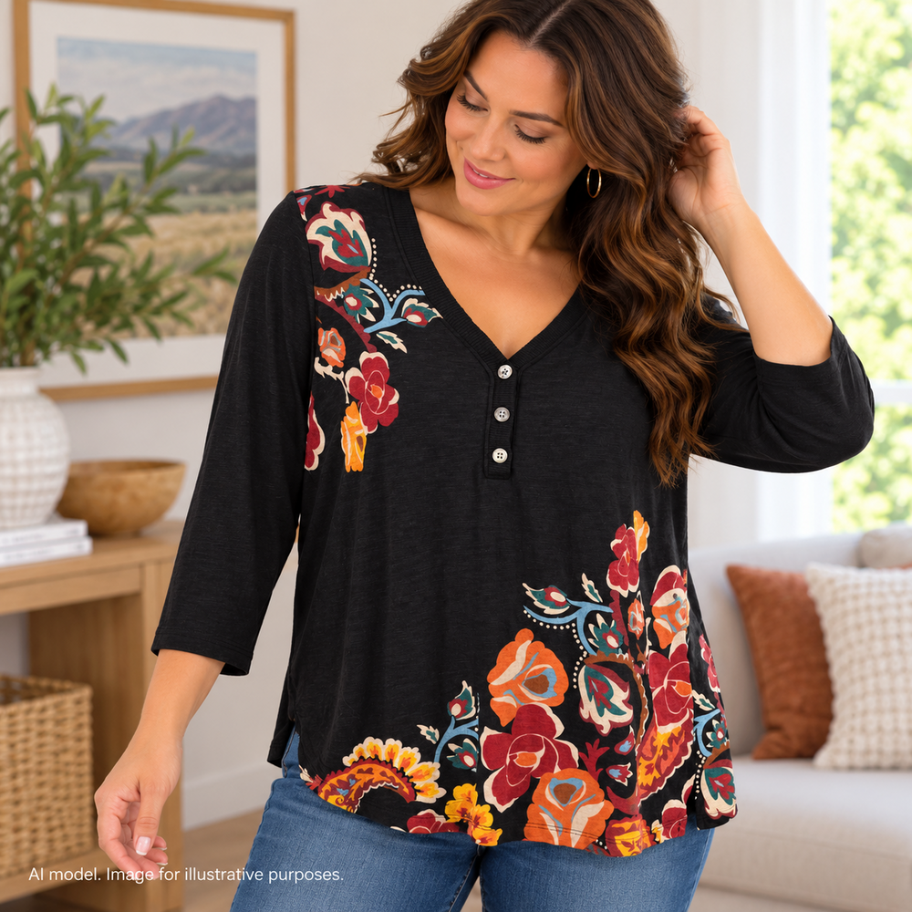 Chicos Shirt 1 Women Medium Black Floral Art to Wear Henley Soft Chic Boho Slub